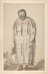 Um desenho intitulado "Um macho nativo da América do Norte" num caderno de esboços de John Webber