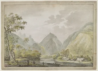 Uma vista para o rio Vaitepiha com dois tahitianos numa canoa em primeiro plano, e outros dois na margem. Casas taitianas à direita. Agosto de 1777
