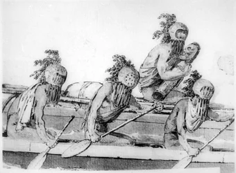 Canoa dupla com remadores, Havaí, século XVIII