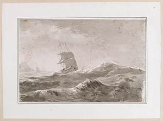 Desenho de um navio europeu a navegar em mar agitado; provavelmente não é um dos navios de Cook. Feito durante a Terceira Viagem do Capitão Cook.