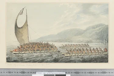 F.35 Tereoboo, Rei de Owyhee, trazendo presentes ao Capitão Cook, c.1773-84 (aquarela)