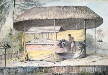 Funeral com falecido sob copa das árvores, Taiti, Ilhas da Sociedade, aguarela por John Webber (1750-1793) da descrição da última viagem do Capitão James Cook (1776-1779), Polinésia