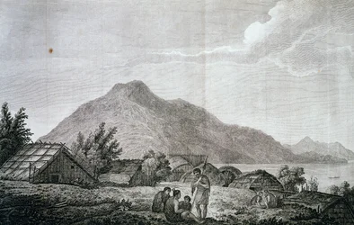 Dentro de hippah na ilha de Motuara, baseado em desenho de John Webber (1750-1793), de relato da última viagem de James Cook (1776-1779). gravura
