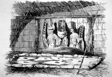 Dentro de uma cabana de funeral, Tahiti, século XVIII