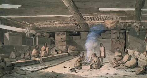 Interior da casa Native American Nootka, de John Webber, desenho