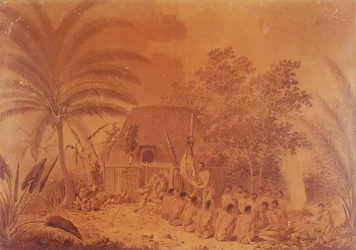 Ofertas ao Capitão James Cook, gravura de John Webber, Polinésia Século XVIII.