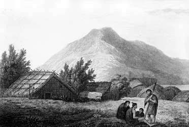 O interior de uma hippá na Nova Zelândia, ilustração de &39;Viagem ao Pacífico&39;, gravada por Benjamin Pouncy, 1784