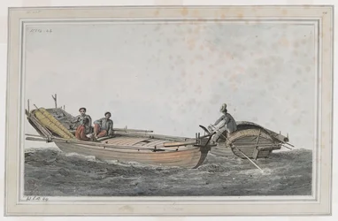 Dois pequenos barcos, com três figuras num e duas no outro.