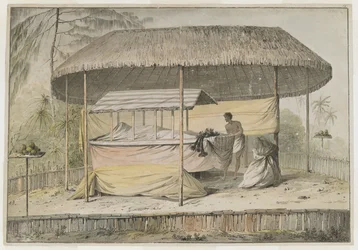 Waheiadooa, chefe de Oheitepeha, deitado, registado pelo capitão Cook durante a sua visita ao Taiti em 19 de agosto de 1777. Um palco funerário suporta o cadáver amortalhado e um acompanhante. Estão abrigados por um toldo coberto de relva e rodeados por um