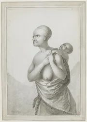 [Desenho completo] Uma mulher da Tasmânia carregando uma criança às costas, com uma pele pendurada do ombro esquerdo à volta da cintura. janeiro de 1777