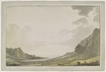 [Desenho completo]. Vista do porto de Aimeo [baía de Papetoai] para o mar; os mastros do «Resolution» e do «Discovery» são visíveis na baía. O capitão Cook visitou Moorea em outubro de 1777