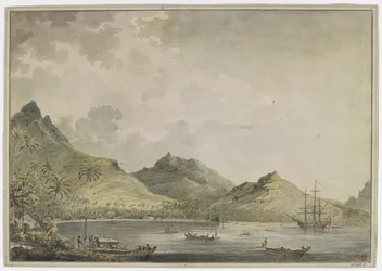 [Desenho completo]. Vista do porto de Huahine [Fare Harbour], com montanhas pontiagudas, incluindo o Monte Turi, ao fundo. Na baía está o "Resolution" e muitas embarcações nativas e, na costa, um grupo de nativos cuida de uma canoa dupla com uma casa de co