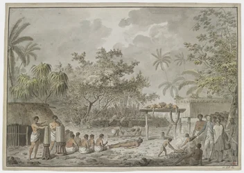 [Desenho completo] Sacrifício humano no grande morai de Attahouroo [Utuaimahurau], Taiti, testemunhado pelo Capitão Cook em 1 de setembro de 1777. Uma figura amarrada em primeiro plano, com homens a cavar um buraco para o corpo por trás, e a whatta com doi