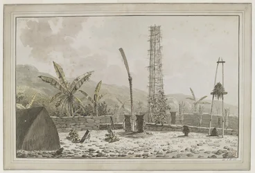 [Desenho completo] Vista de um "morai" ou local de enterro em Atooi [Kauai, Ilhas Havaianas], que inclui uma casa comprida e uma torre alta de trabalho aberto dentro de um recinto murado. Descrito no diário do Capitão Cook em 21 de janeiro de 1778