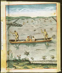 Como os índios pegam seus peixes, de &39;Admiranda Narratio ...&39;, gravada por Theodore de Bry (1528-98) 1590 (ver também 110123 e 111664)