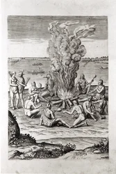 Índios rezando em volta de uma fogueira, gravada em "A Briefe and True Report of ... Virginia", de 1590, de Hariot, gravada por Theodor de Bry (1528-98)