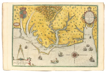 Mapa da Virgínia mostrando a chegada da expedição de Sir Walter Raleigh em 1585, 1590