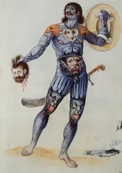 Pictish homem segurando uma cabeça humana (litografia)