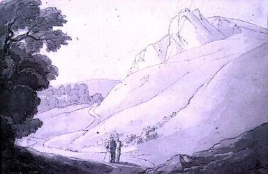 Uma paisagem montanhosa com duas figuras (caneta, tinta e aquarela)