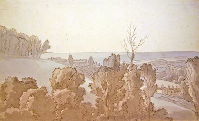 A View at Bridewell (caneta e tinta e lavagens azuis e cinzentas sobre papel)