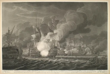 Para o EARL de S.T VINCENT os OFICIAIS amp; CREW, sob o comando de sua Senhoria esta Vista da Ação Galante que foi travada ao largo do Cabo de S. Vicente em 14 de fevereiro de 1797 por um Esquadrão Britânico de Quinze Velas de Linha amp; Fragatas / com o G