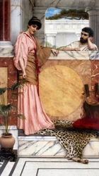 "Casal na antiguidade, na villa de um nobre (romano), o homem parece estar à espera da resposta da mulher. Pintura de John William Godward (1861-1922) 1889 Coleção particular