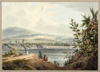 Ponte do Rio Hudson, perto de Waterford, Nova York, 1832 (aquarela, guache, vidros seletivos, grafite e arranhar em papel colocado no cartão)