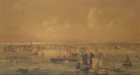 Nova York do East River, 1852 (lavar, guache e grafite)