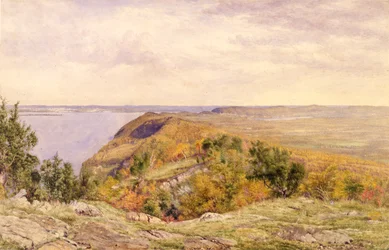 Vista, de, alto, tor, Haverstraw, nova iorque, 1866, (watercolor, e, grafite, ligado, papel, montado, para, card)