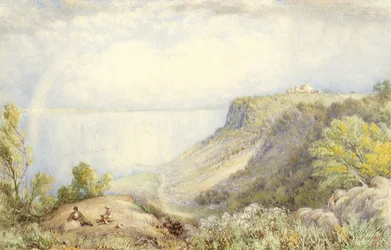 Vista, de, a, rio hudson, de, a, palisades, nova iorque, com, arco íris, 1873 aquarela, de, grafite, e, toques, de, guache, ligado, papel, colocado, ligado, cartão
