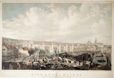 Ponte de alto nível, Newcastle upon Tyne, gravada por George Hawkins (1819-1852) (litografia colorida à mão)