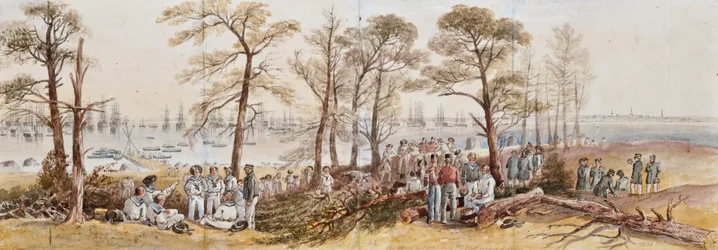 Os oficiais e marinheiros da frota na costa em Nargen, 1855
