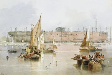 O transatlântico "Great Eastern", em 1857, antes da conclusão da sua construção, em Millwall, no Tamisa (Inglaterra)