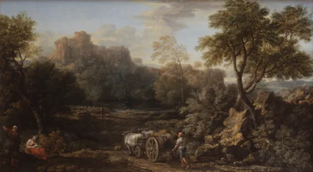 Um rústico com carro de bois e outros viajantes numa paisagem arborizada, c.1740 (óleo sobre tela)