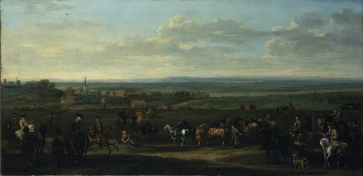 Uma vista do Velho Newmarket com figuras e cavalos sobre o Heath (óleo sobre tela)
