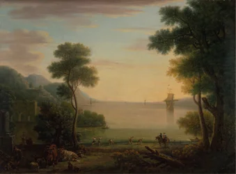 Paisagem Clássica com Figuras e Animais: Pôr-do-sol