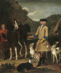 Edward, Lord Seymour, com seu cavalo, noivo e cães, em uma paisagem