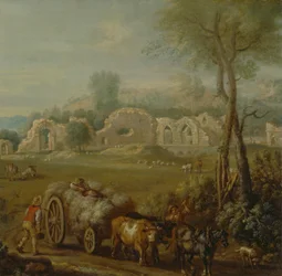 Haycart passando por uma abadia em ruínas