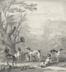Hounds in a Landscape (grafite, caneta, tinta marrom e lavagem cinza)