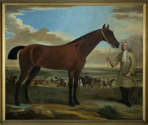 Scarr, um cavalo de corrida da baía segurado pelo seu treinador, A. Scottman.