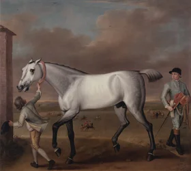 O cavalo de corrida cinzento do Duque de Hamilton, "Victorious", em Newmarket