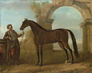 O Godolphin Arabien, realizado por um noivo, em uma paisagem com um arco arruinado, 1731