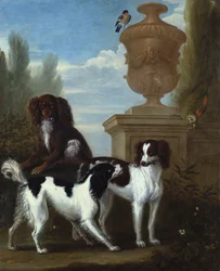 Três Spaniels por uma urna em uma paisagem arborizada