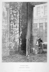 Cripplegate Postern, no adro da igreja de St Giles sem Cripplegate, London Wall, London, 1851.