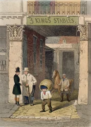 Restos da Casa Clarendon, Estábulos de Três Estábulos, Piccadilly, de &39;Vestiges of Old London&39;, 1851 (gravura colorida)