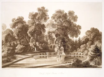 Vista do Templo Fonte e Gruta, Sezincote, gravada por Frederick Christian Lewis Snr. (1779-1856), c.1817-18 (sepia aquatint) (ver também 171663)