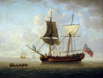 Um brigue britânico, com a bandeira vermelha e a Union Jack, ao largo num mar calmo. Óleo sobre tela