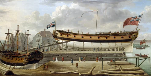 Um navio de sexta categoria (sixth rate), um navio de guerra da Marinha Real Britânica, em doca seca, o estaleiro é provavelmente o de Rotherhite, na margem sul do Tamisa (Inglaterra)