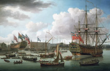 O "Royal George" em Deptford (Inglaterra) durante o lançamento do "Cambridge" em 21 de outubro