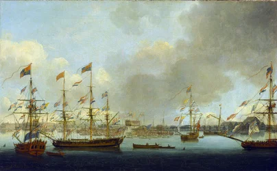 Lançamento do HMS "Alexander" em Deptford, Inglaterra, em 1778, um navio de guerra de 74 canhões que combateu durante a Batalha do Nilo (ou Batalha de Aboukir, em 1798)
